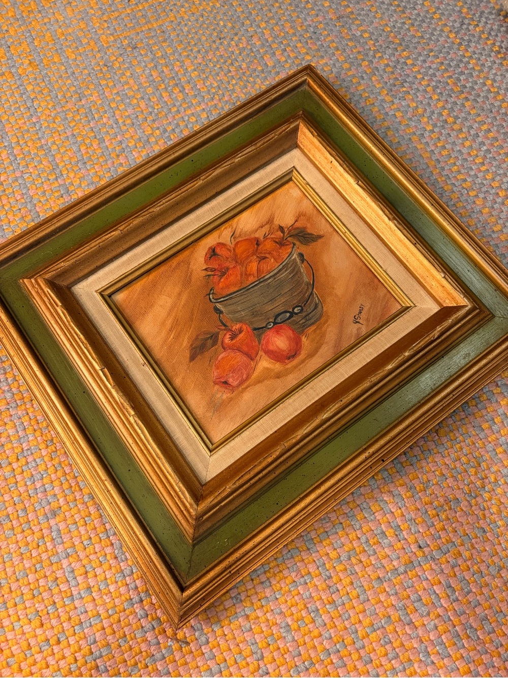 🍏✨ Vintage Signed Apple Acrylic Painting – Green & Gold Frame ✨🍏